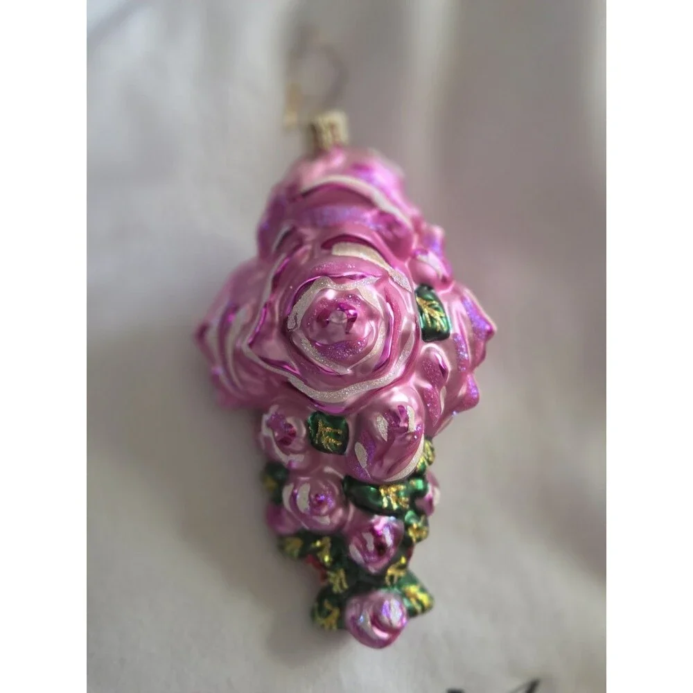 Christopher Radko Pretty Petals Breast Cancer Glass Christmas Ornament 5” mo box